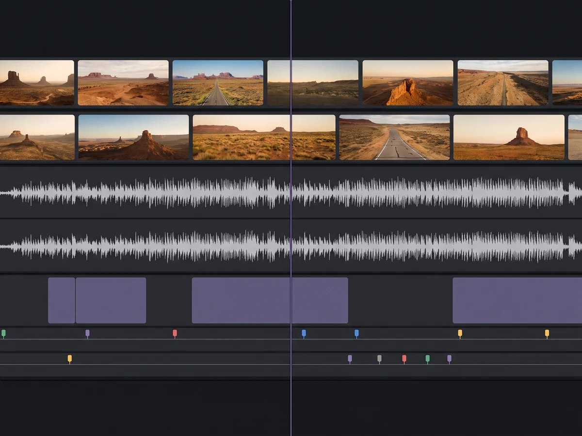 Timeline de edición con clips, voz y música ya montados